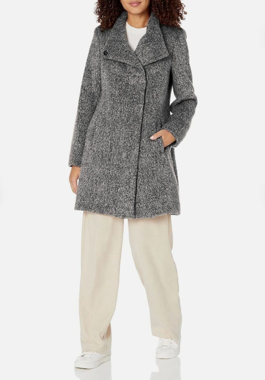 Kenneth Cole Asymmetrical Pressed Boucle Wool Coat Charcoal XL